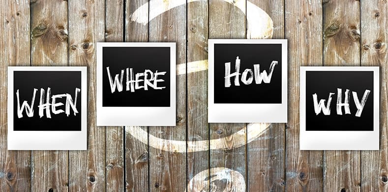 when, where, how, why polaroids on wooden background