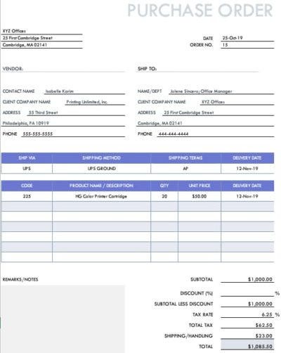 Standard purchase order example