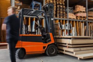 Forklift in warehouse