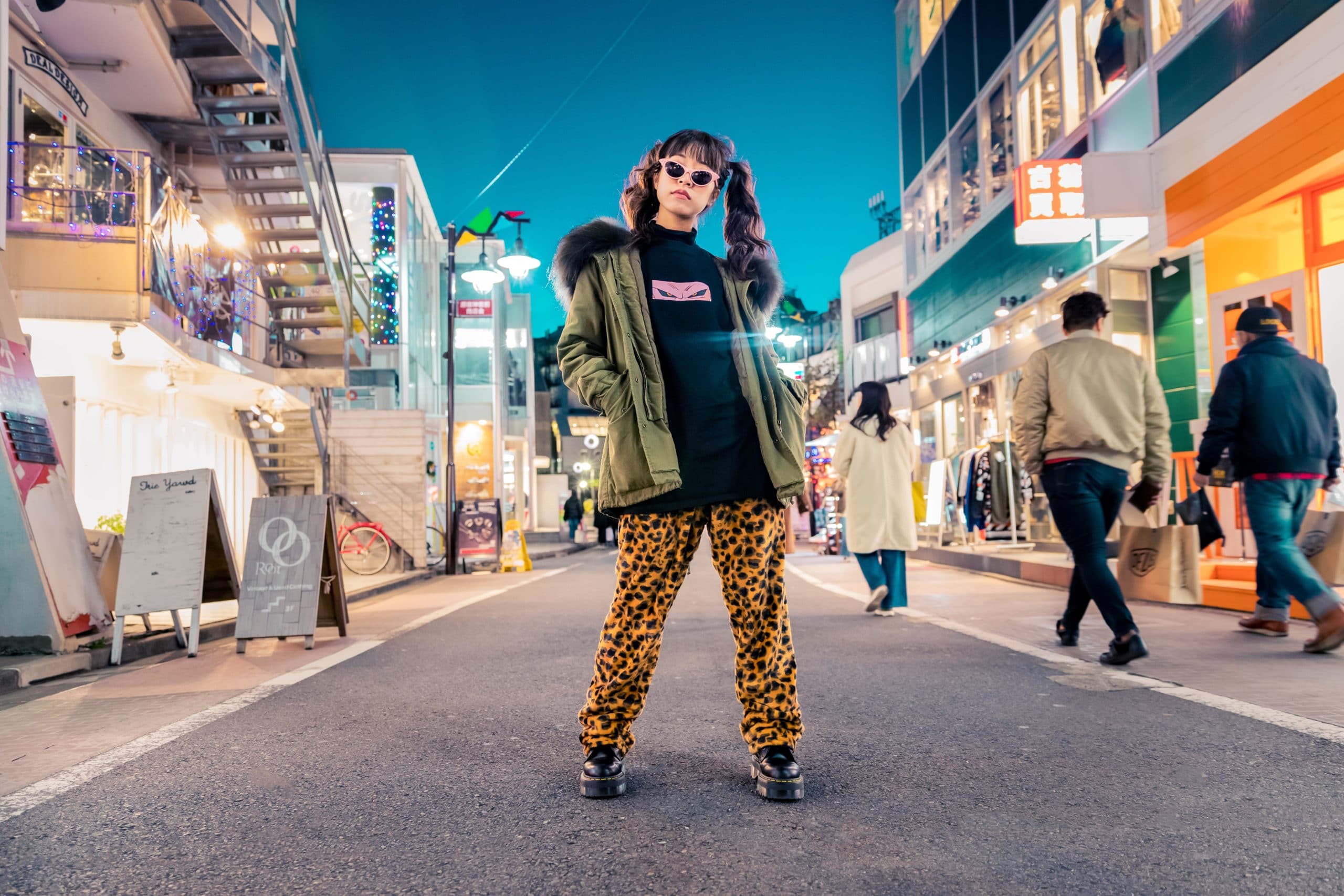 Fashion model in evening street scene