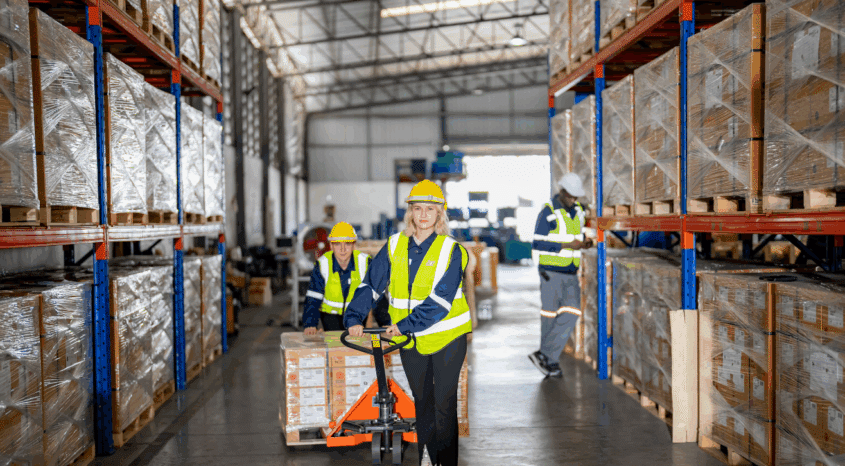 3 workers moving cargo in a warehouse