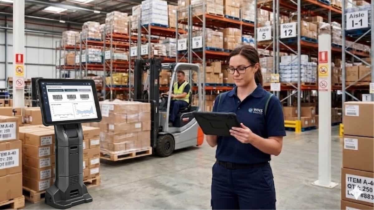 A female warehouse manager using a digital tablet to track stock in a large distribution center with high-density shelving, boxed inventory, and a forklift operator in the background.