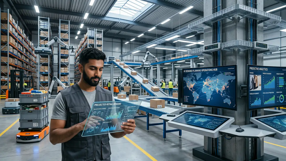 An analytical retail professional interacts with a complex, grounded AI command center displaying global and multi-channel demand data, with sophisticated robotic fulfillment systems working in the background.
