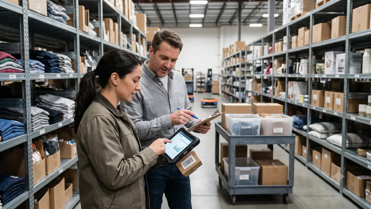 Two workers collaborate to manage inventory in a warehouse using a tablet and clipboard, with an automated robot visible in the background.