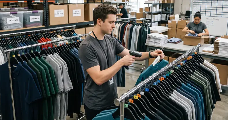 A warehouse worker using a handheld barcode scanner to check clothing tags on a garment rack in an apparel fulfillment center.