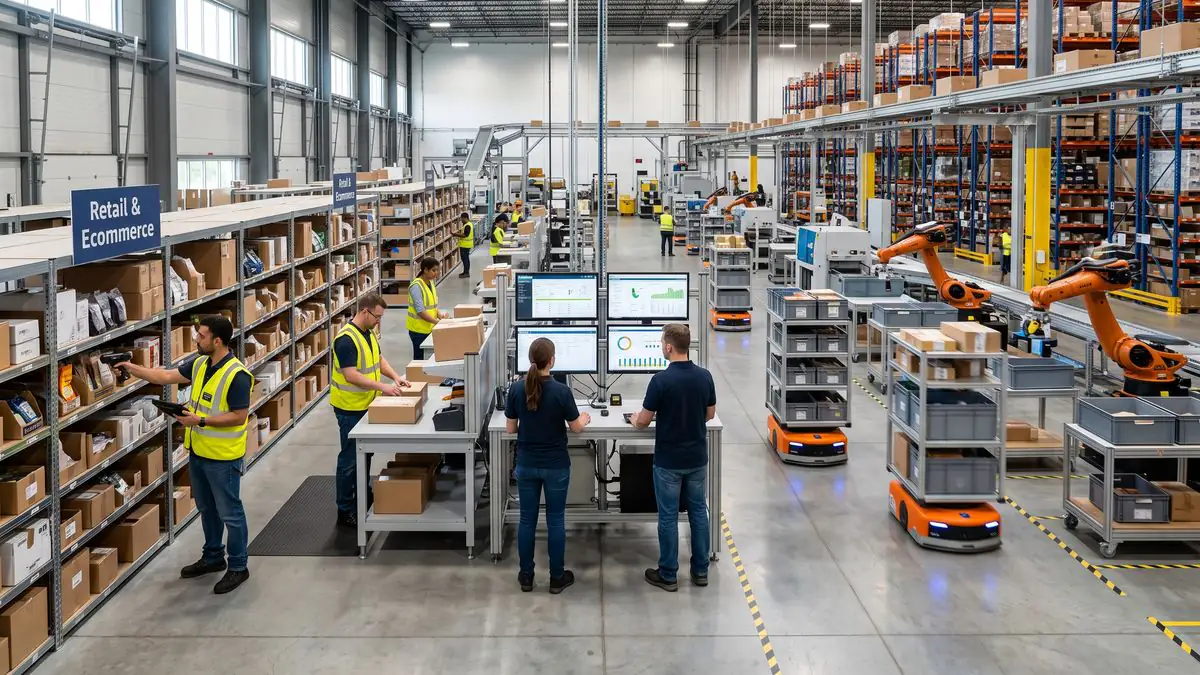 Warehouse workers operating software monitoring stations alongside robotic arms and automated guided vehicles in a modern distribution center.